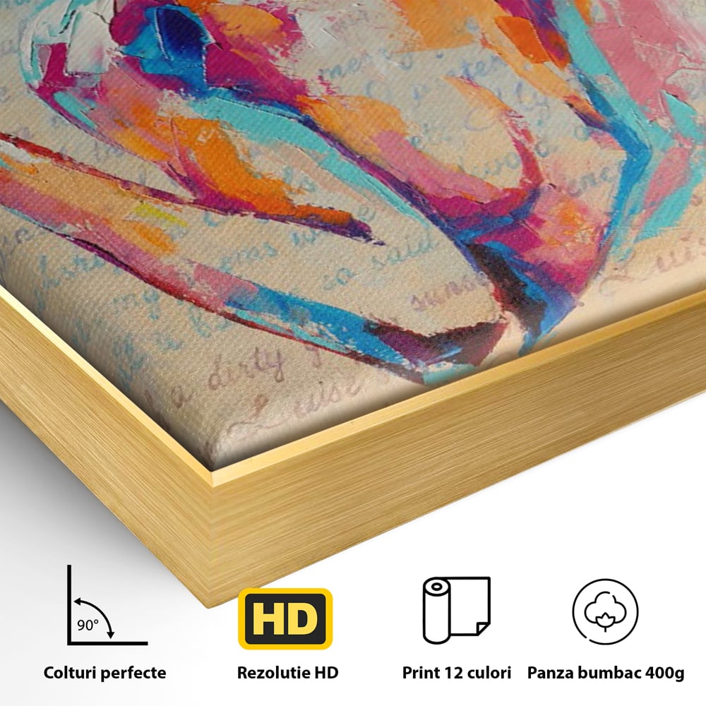 Detaliu al suprafetei: tablou canvas cu portret abstract de femeie, in rama de aluminiu auriu